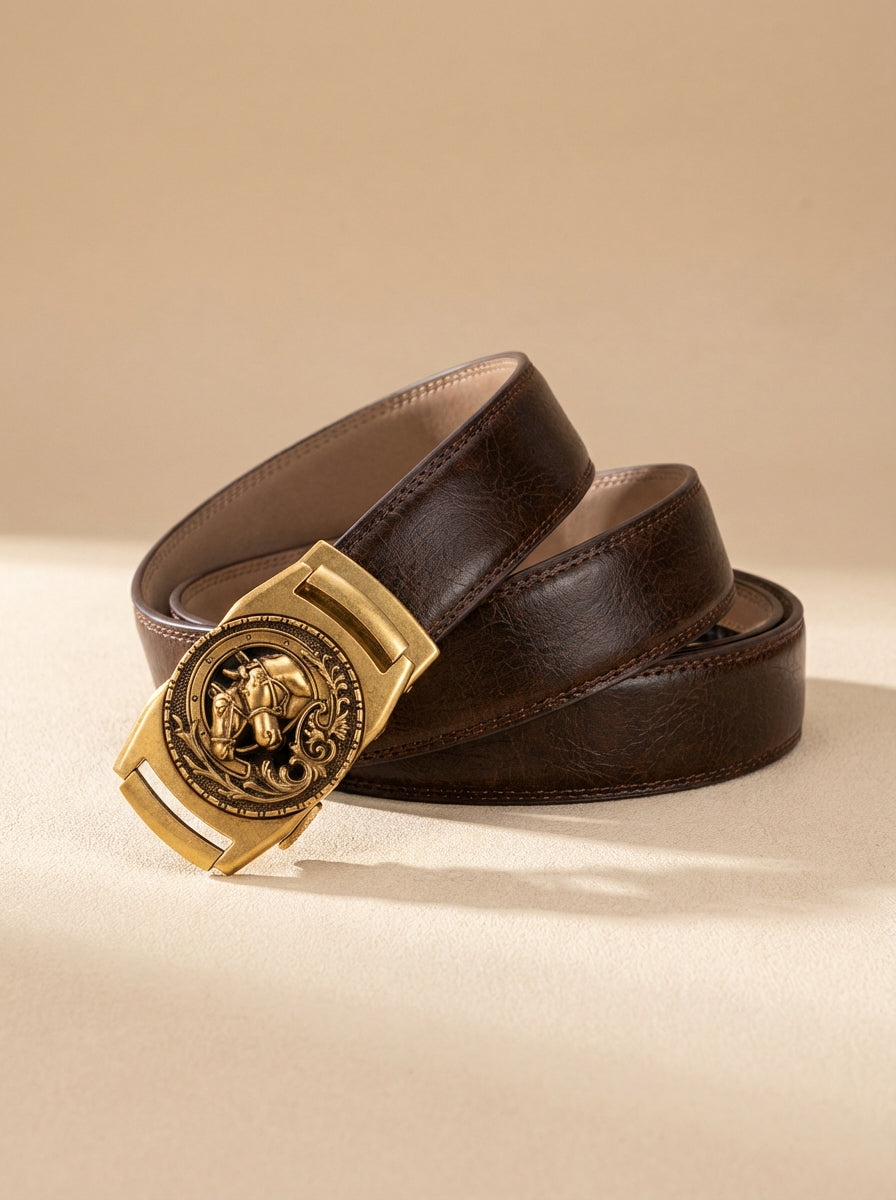 VEGETABLE TANNED 100% LEATHER BELT WITH BRONZE BUCKLE - HORSE