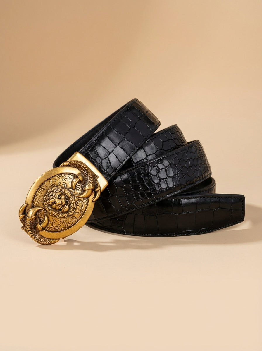 TORTOISE CRACK VEGETABLE TANNED 100% LEATHER BELT WITH BRONZE BUCKLE - LION