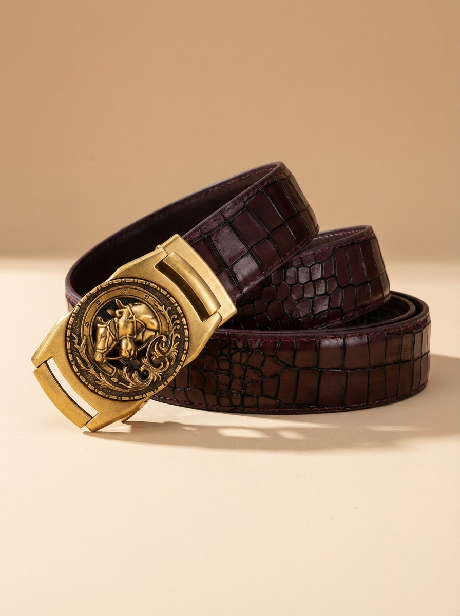 TORTOISE CRACK VEGETABLE TANNED 100% LEATHER BELT WITH BRONZE BUCKLE - HORSE