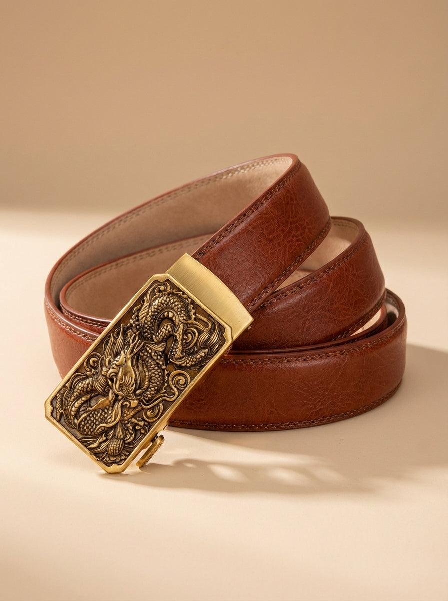 VEGETABLE TANNED 100% LEATHER BELT WITH BRONZE BUCKLE - FIRE DRAGON