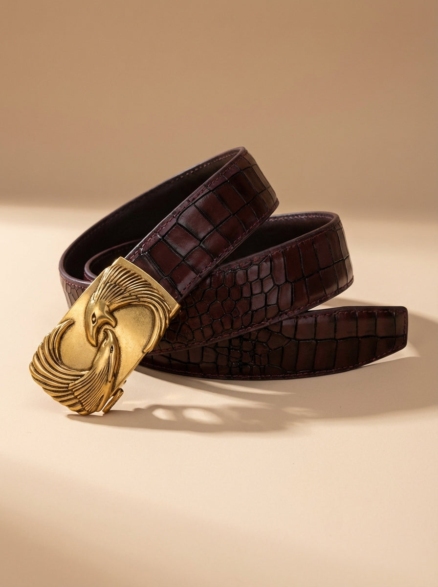 TORTOISE CRACK VEGETABLE TANNED 100% LEATHER BELT WITH BRONZE BUCKLE - EAGLE