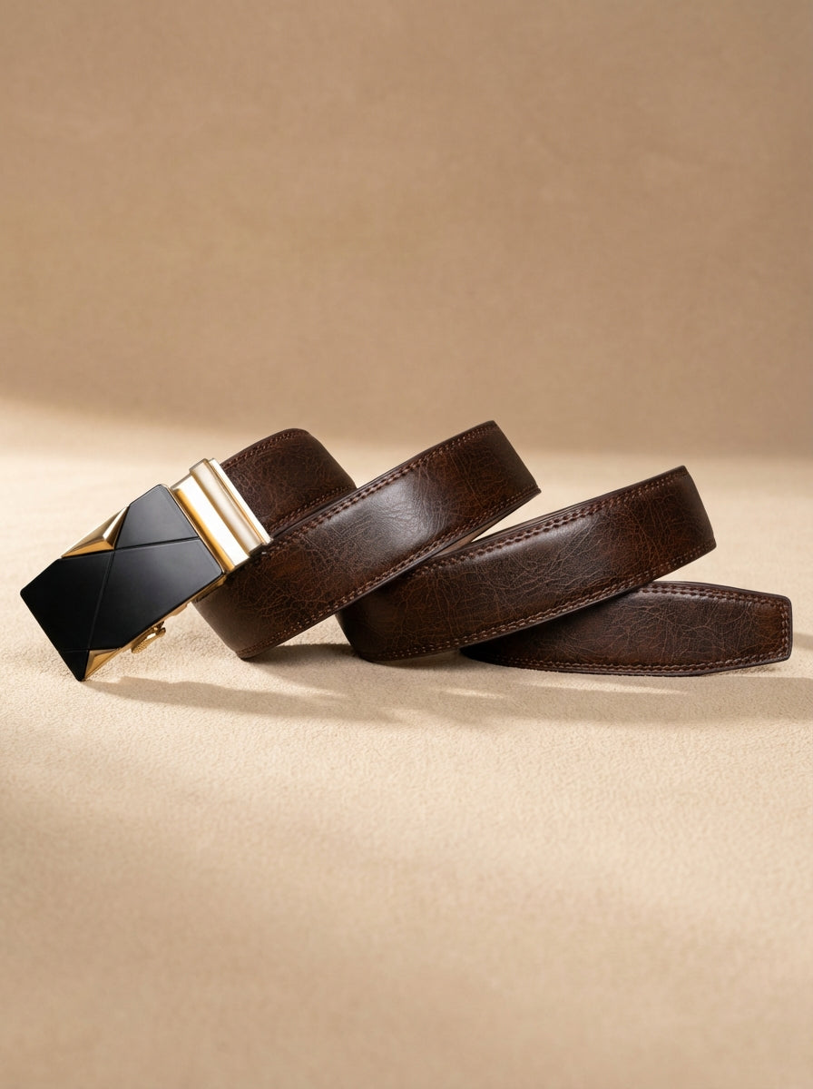 VEGETABLE TANNED 100% LEATHER BELT WITH GEOMETRIC BUCKLE - 619
