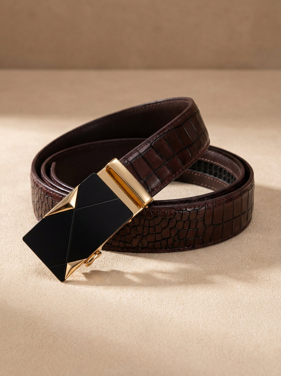 TORTOISE CRACK VEGETABLE TANNED 100% LEATHER BELT WITH GEOMETRIC BUCKLE - 619