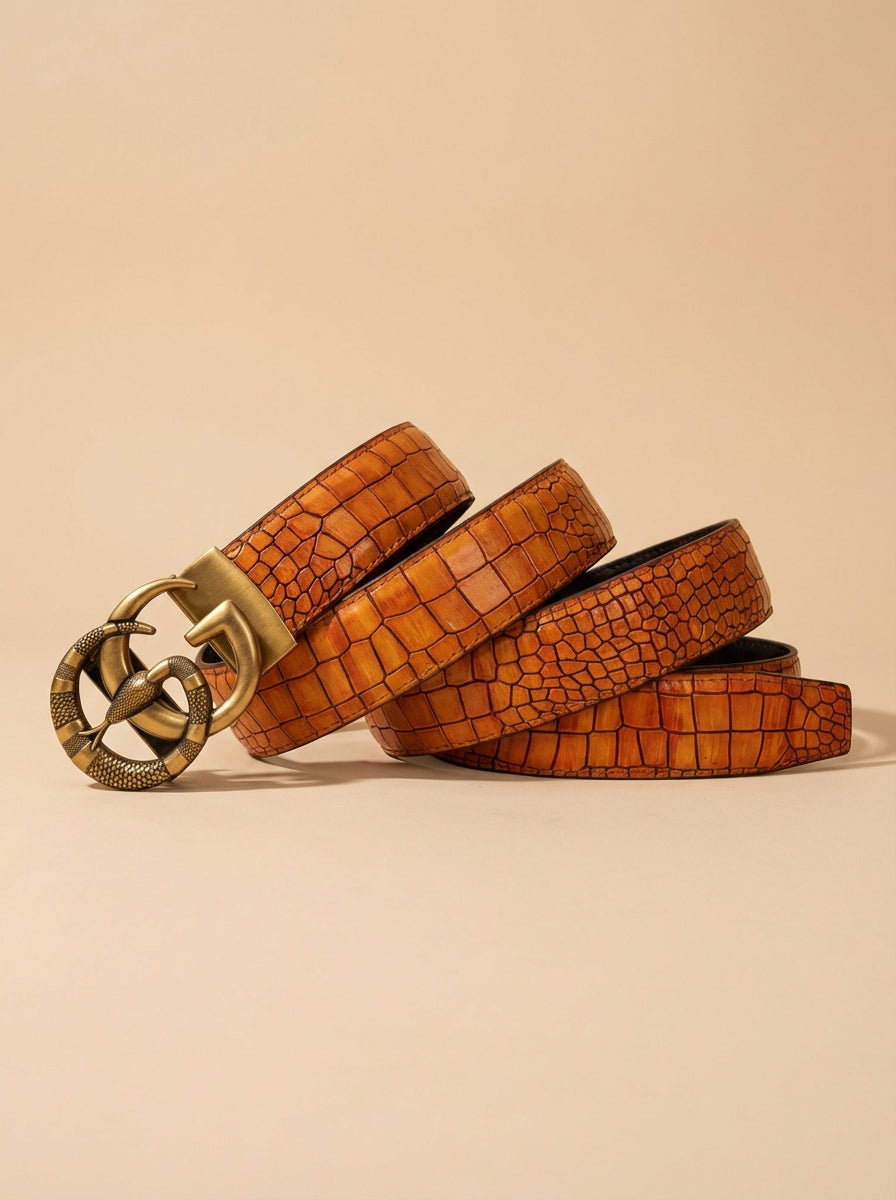 TORTOISE CRACK VEGETABLE TANNED 100% LEATHER BELT WITH BRONZE BUCKLE - SNAKE