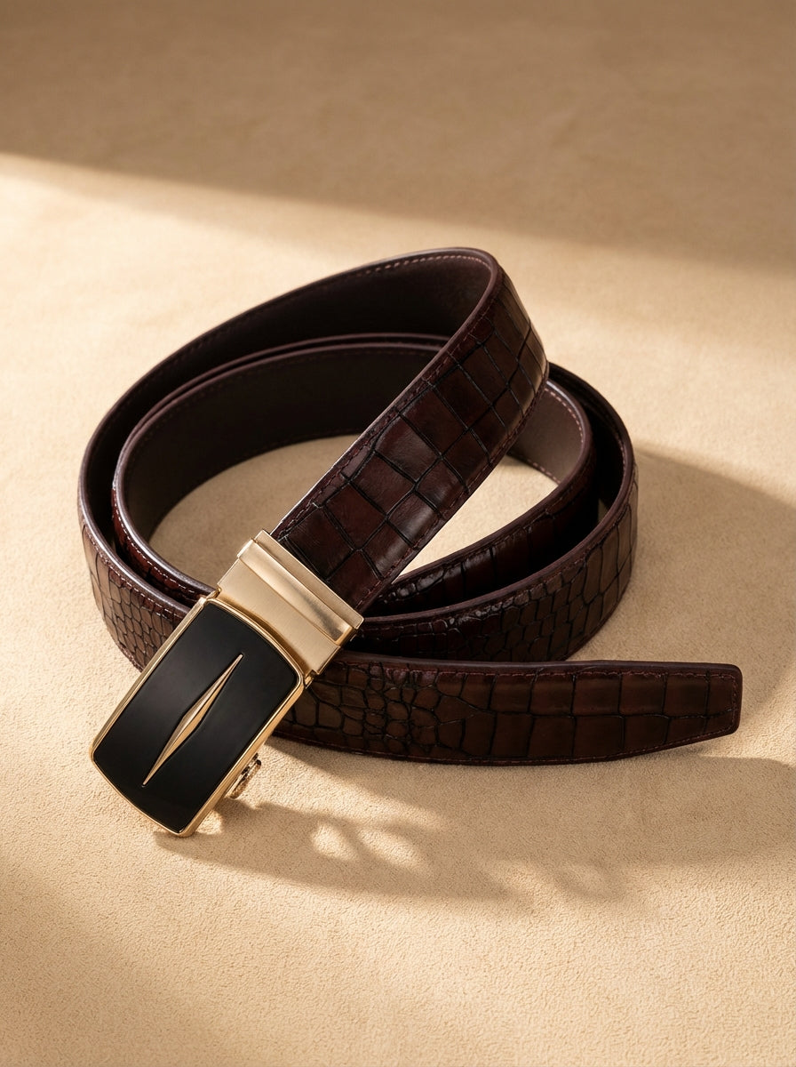 TORTOISE CRACK VEGETABLE TANNED 100% LEATHER BELT WITH GEOMETRIC BUCKLE - 626