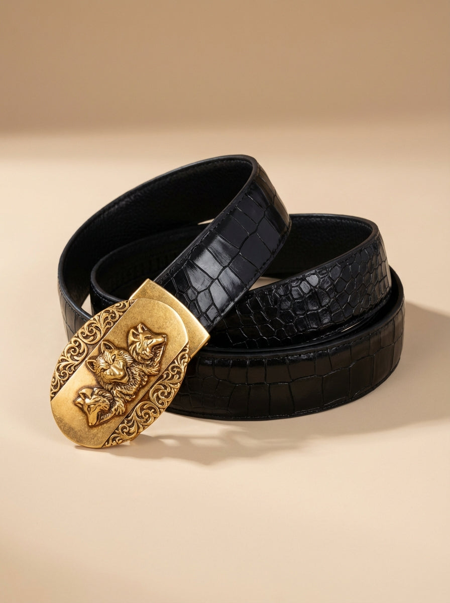 TORTOISE CRACK VEGETABLE TANNED 100% LEATHER BELT WITH BRONZE BUCKLE - WOLF