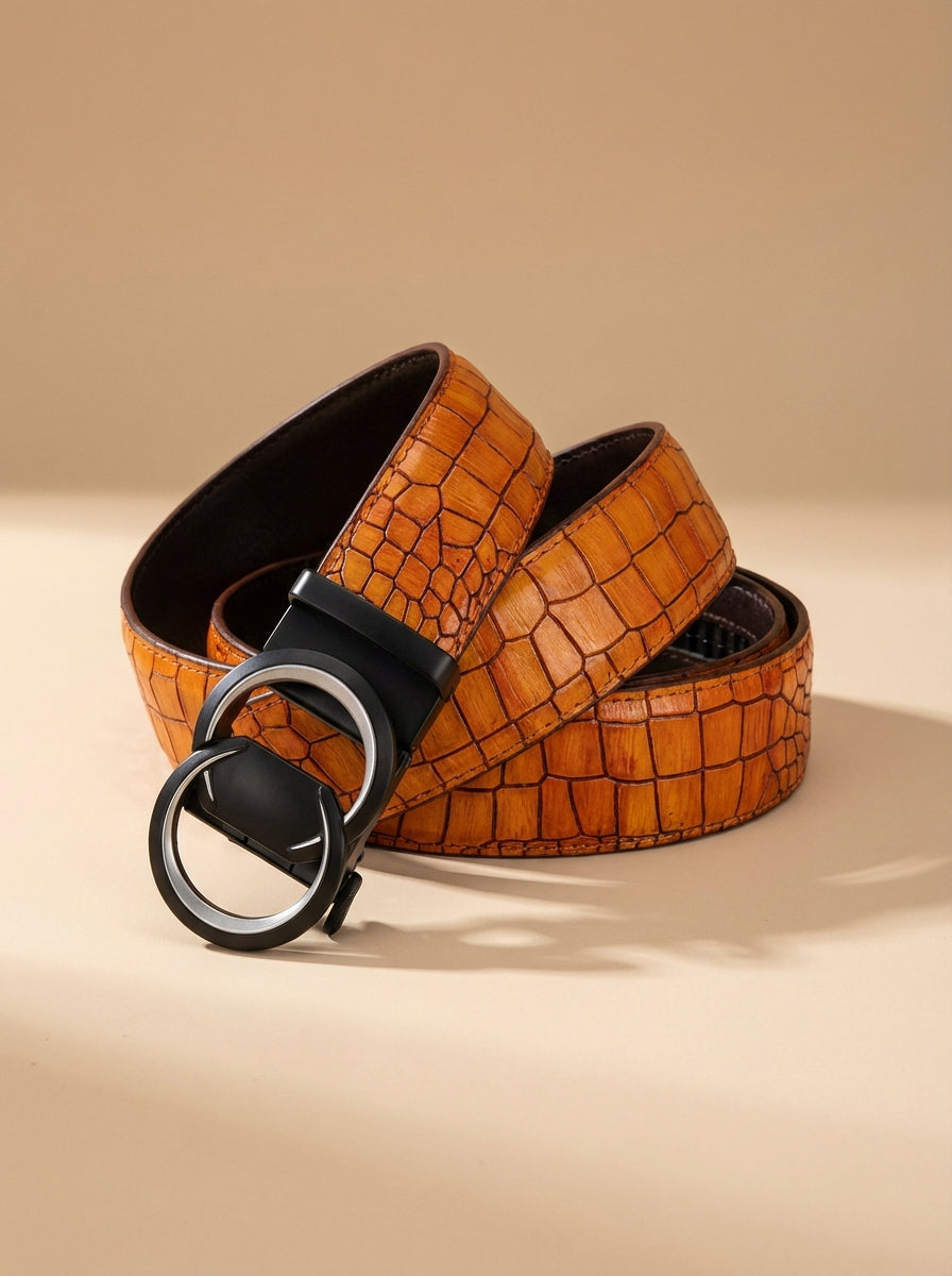 TORTOISE CRACK VEGETABLE TANNED 100% LEATHER BELT WITH CHROME PLATED BUCKLE - LY36-222882_CHR