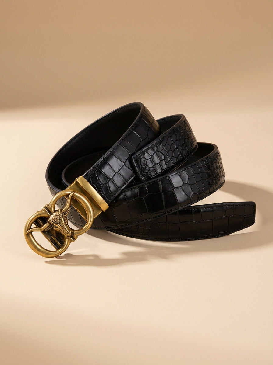 TORTOISE CRACK VEGETABLE TANNED 100% LEATHER BELT WITH BRONZE BUCKLE - BULL