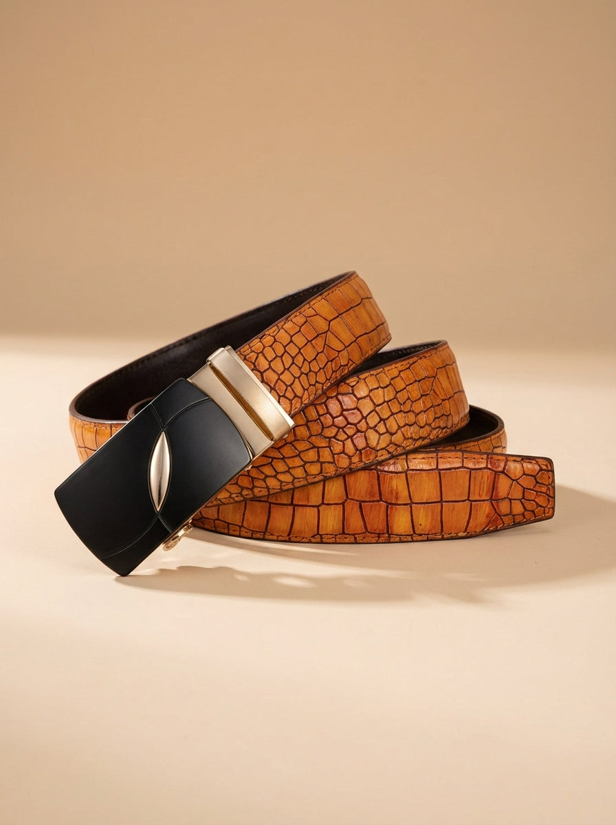TORTOISE CRACK VEGETABLE TANNED 100% LEATHER BELT WITH GEOMETRIC BUCKLE - 611