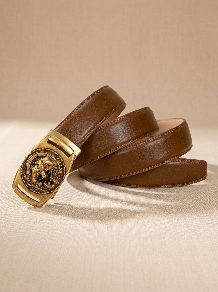 VEGETABLE TANNED 100% LEATHER BELT WITH BRONZE BUCKLE - HORSE