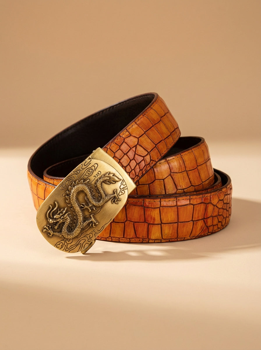 TORTOISE CRACK VEGETABLE TANNED 100% LEATHER BELT WITH BRONZE BUCKLE - FLY
