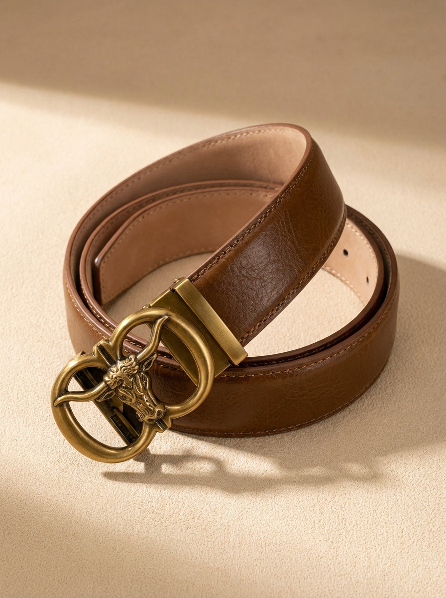 VEGETABLE TANNED 100% LEATHER BELT WITH BRONZE BUCKLE - BULL