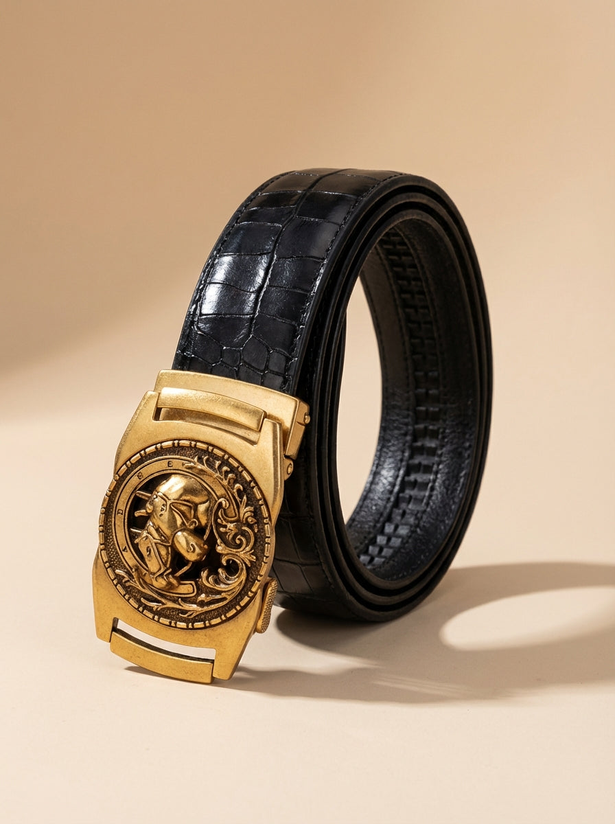 TORTOISE CRACK VEGETABLE TANNED 100% LEATHER BELT WITH BRONZE BUCKLE - HORSE