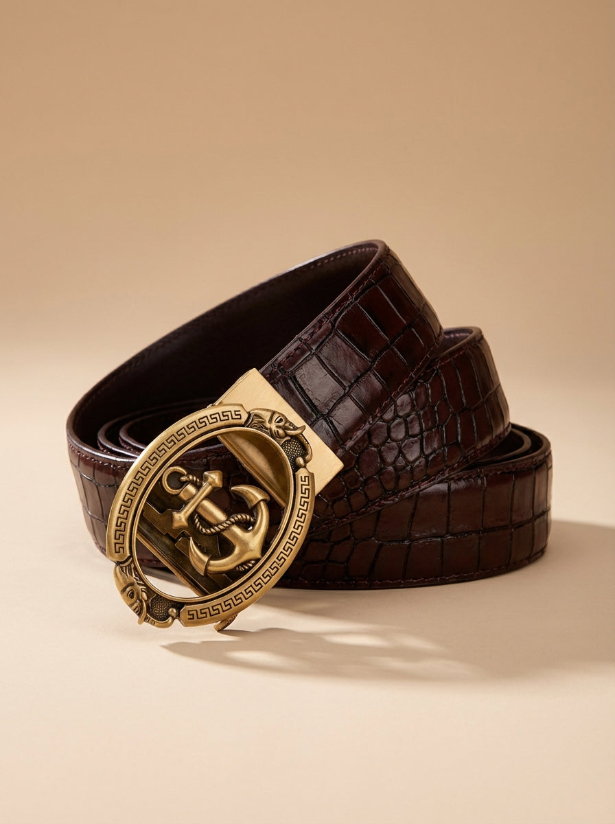 TORTOISE CRACK VEGETABLE TANNED 100% LEATHER BELT WITH BRONZE BUCKLE - ANCHOR