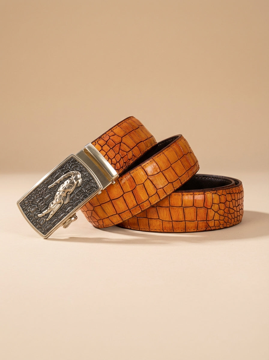 TORTOISE CRACK VEGETABLE TANNED 100% LEATHER BELT WITH CHROME PLATED BUCKLE - 001-012_GOL
