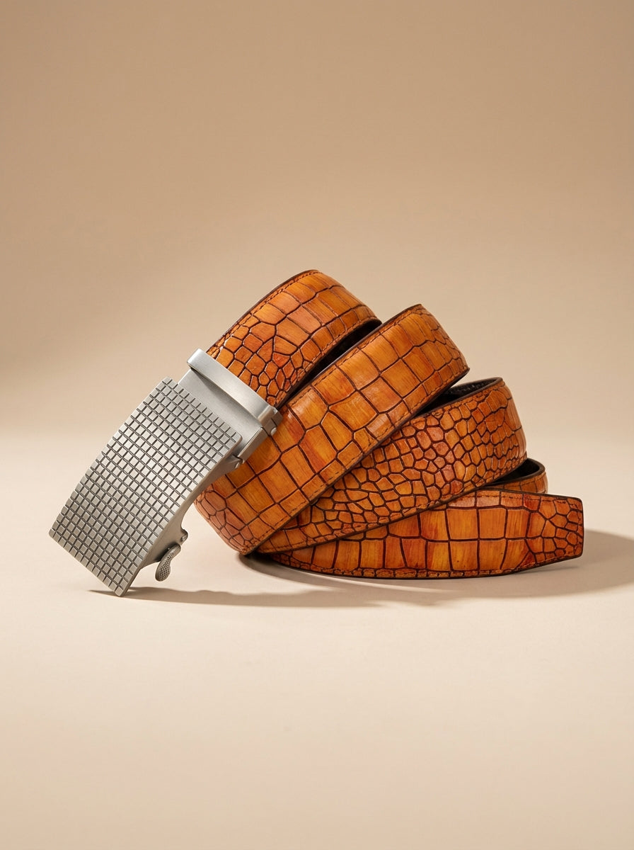 TORTOISE CRACK VEGETABLE TANNED 100% LEATHER BELT WITH CHROME PLATED BUCKLE - LY36-0088_SIL