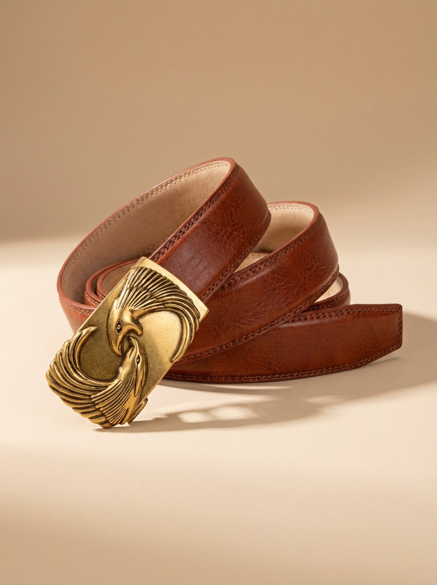 VEGETABLE TANNED 100% LEATHER BELT WITH BRONZE BUCKLE - EAGLE