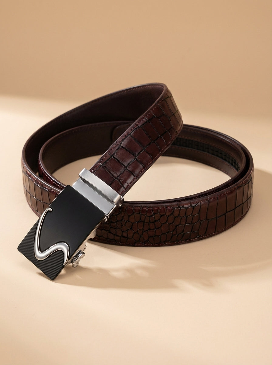 TORTOISE CRACK VEGETABLE TANNED 100% LEATHER BELT WITH GEOMETRIC BUCKLE - 610