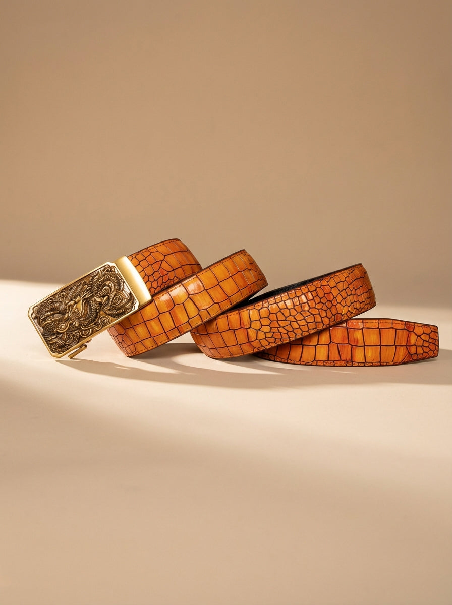 TORTOISE CRACK VEGETABLE TANNED 100% LEATHER BELT WITH BRONZE BUCKLE - FIRE DRAGON