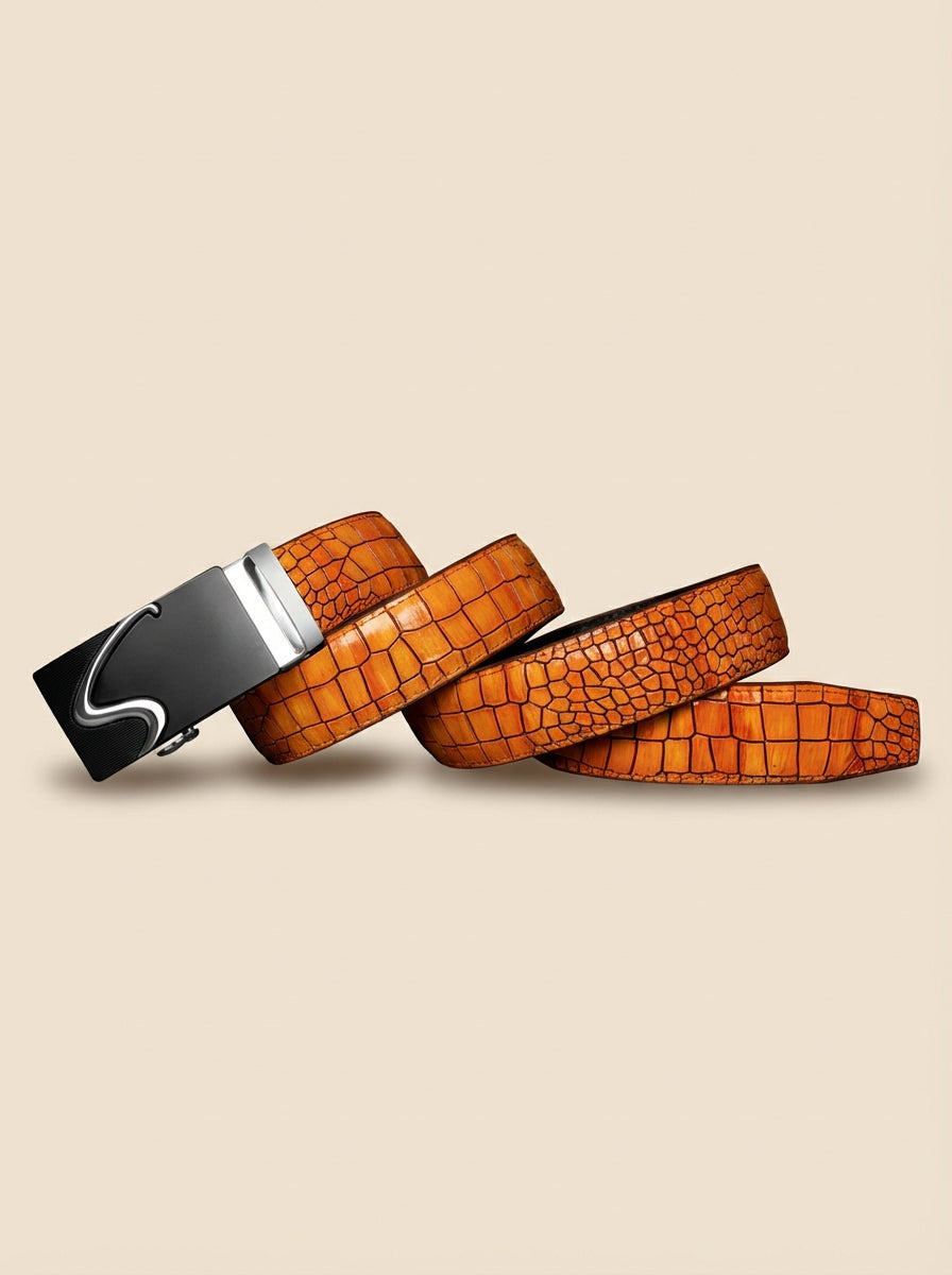 TORTOISE CRACK VEGETABLE TANNED 100% LEATHER BELT WITH GEOMETRIC BUCKLE - 610