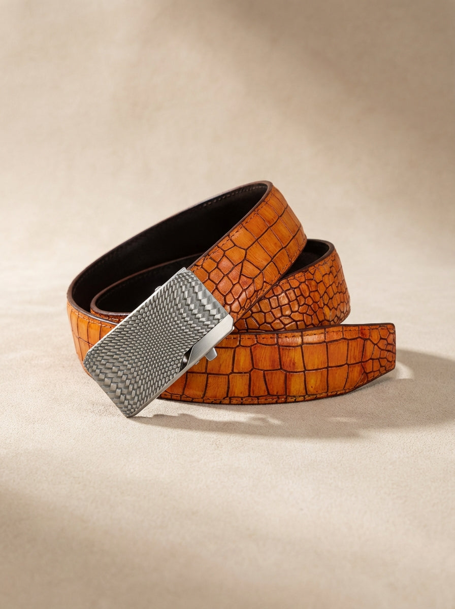 TORTOISE CRACK VEGETABLE TANNED 100% LEATHER BELT WITH CHROME PLATED BUCKLE - LY36-23165_SIL