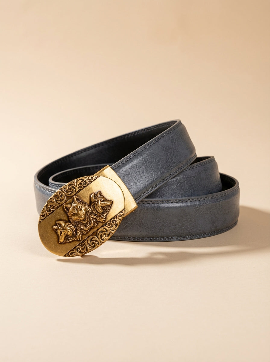 VEGETABLE TANNED 100% LEATHER BELT WITH BRONZE BUCKLE - WOLF