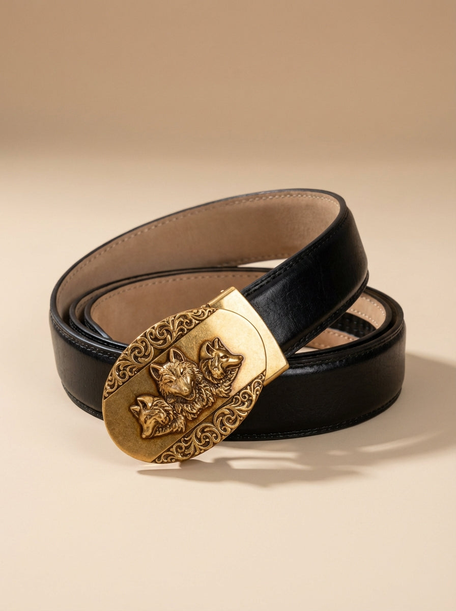 VEGETABLE TANNED 100% LEATHER BELT WITH BRONZE BUCKLE - WOLF