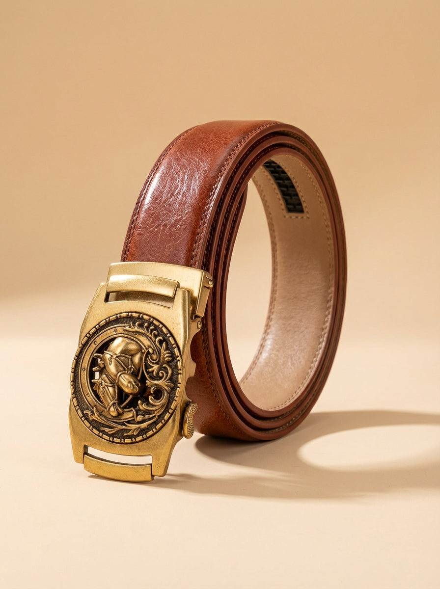 VEGETABLE TANNED 100% LEATHER BELT WITH BRONZE BUCKLE - HORSE