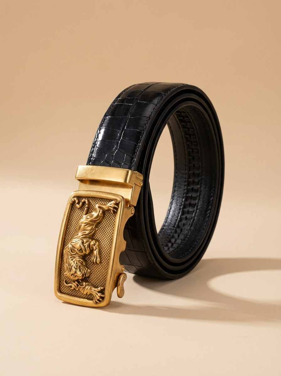 TORTOISE CRACK VEGETABLE TANNED 100% LEATHER BELT WITH BRONZE BUCKLE - TIGER
