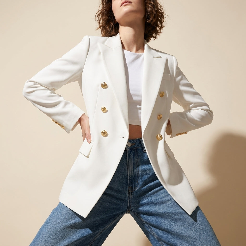 Tailored Double-Breasted Blazer Jacket with Embossed Gold Buttons - WHITE