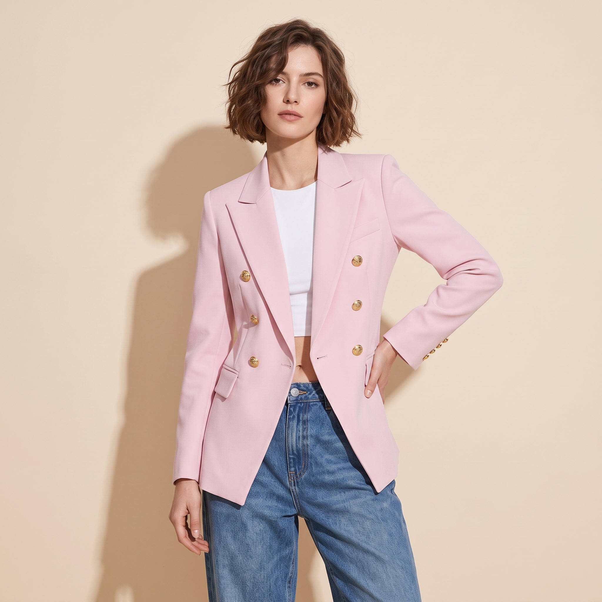 Tailored Double-Breasted Blazer Jacket with Embossed Gold Buttons - PINK alt