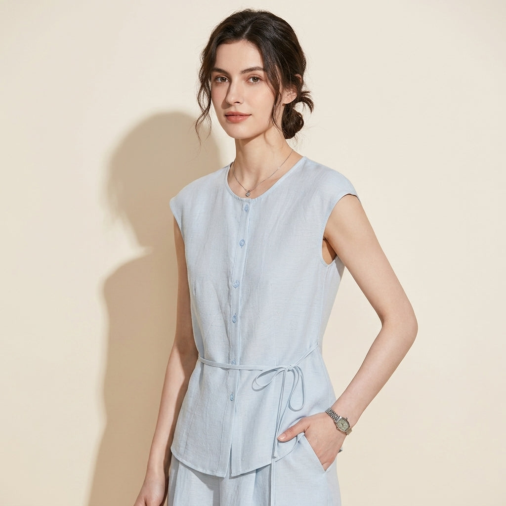 Linen Tie Top in Sky Blue / Ivory / Black - BLUE
