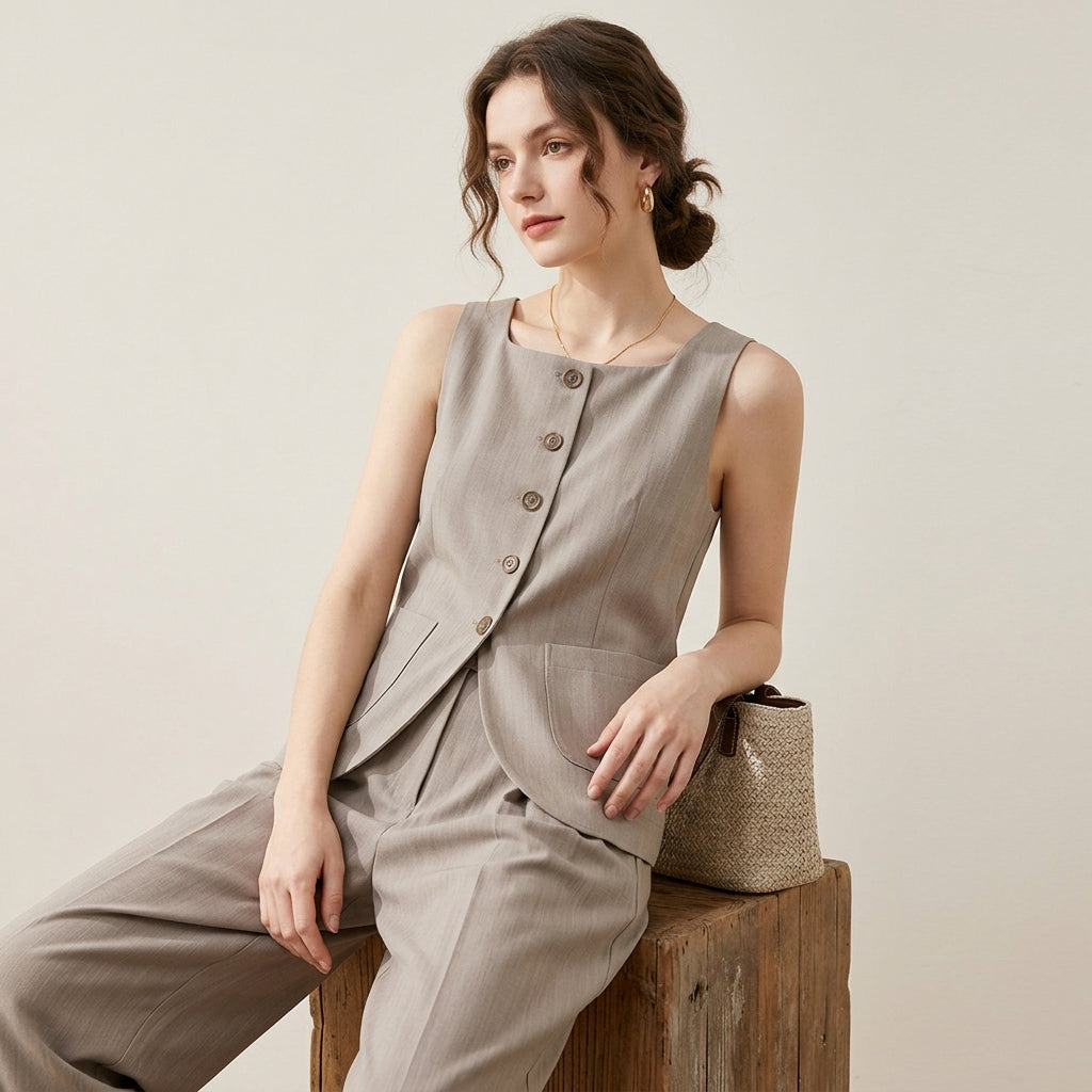Square Line Viscose Vest in Cocoa Beige