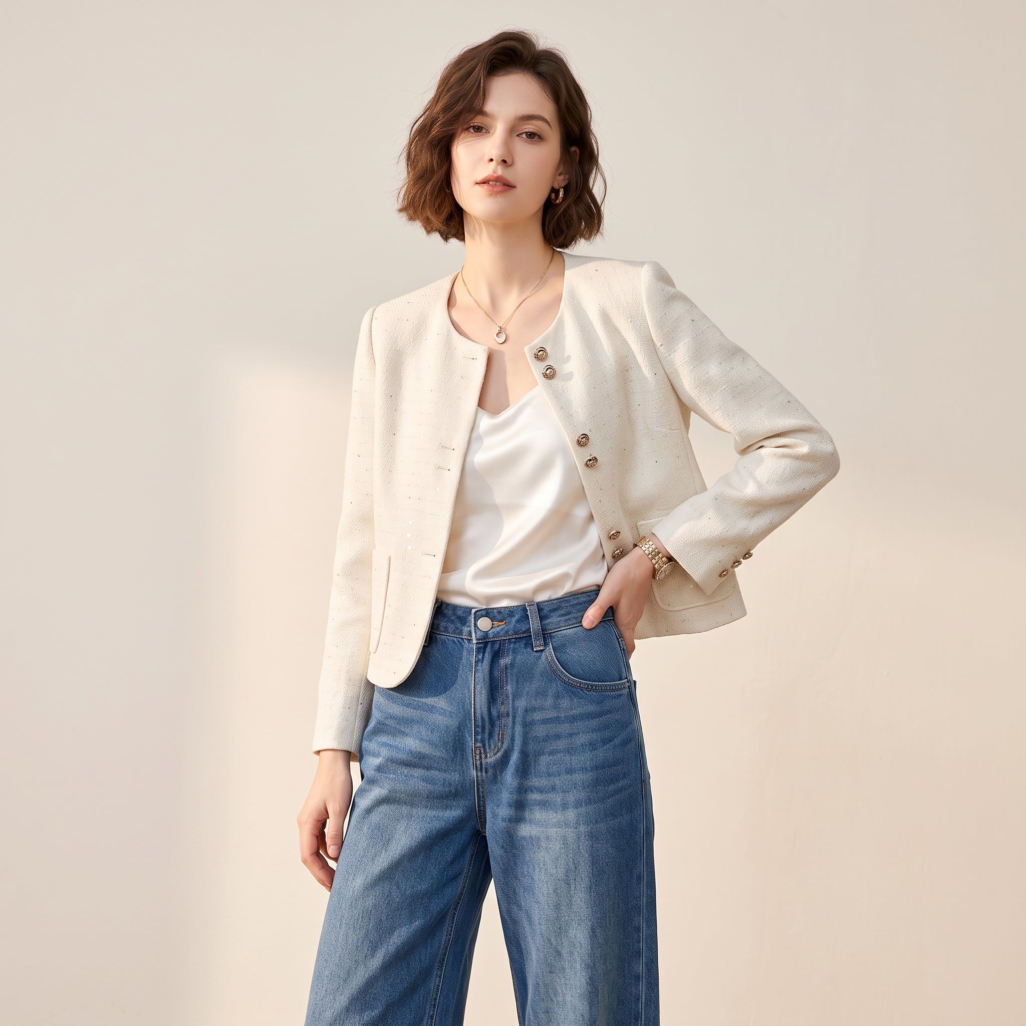 Modern Chanel Style Textured Tweed Cropped Jacket - APRICOT alt