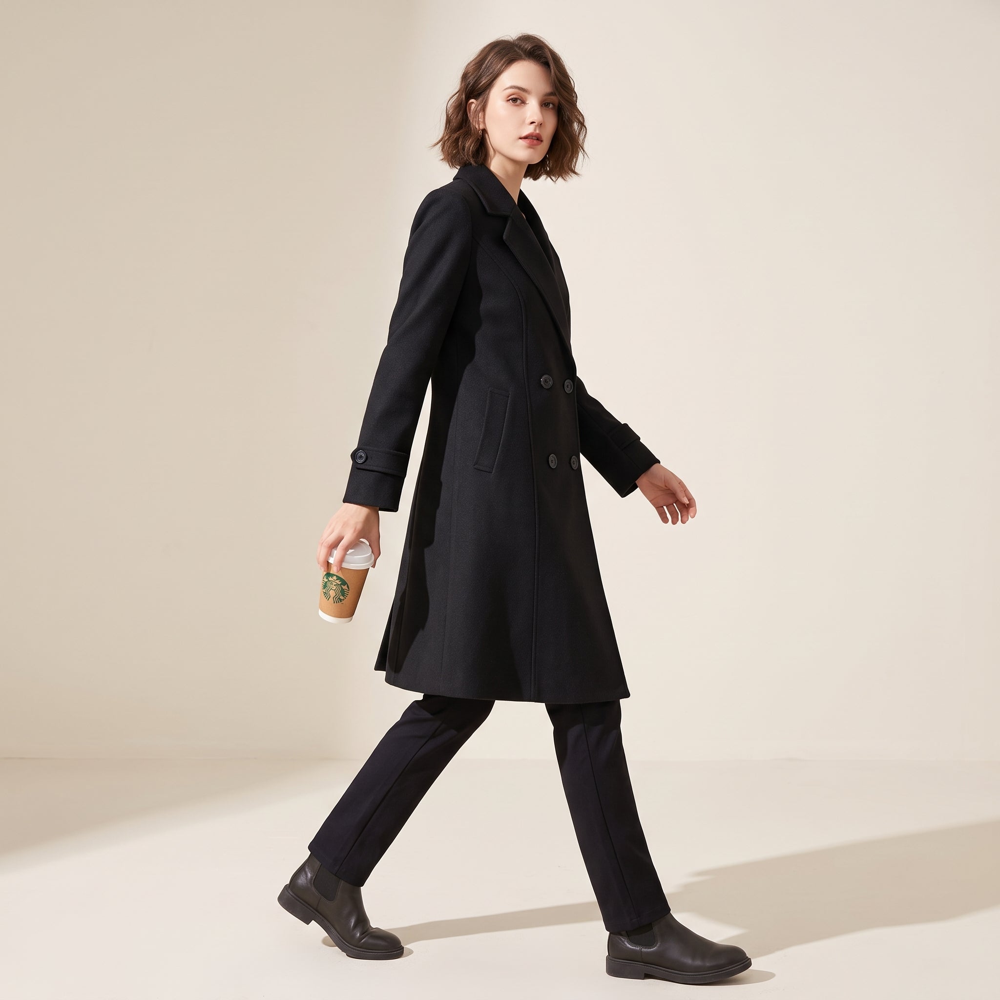 Tailored Double-BreastedOver Coat  - BLACK