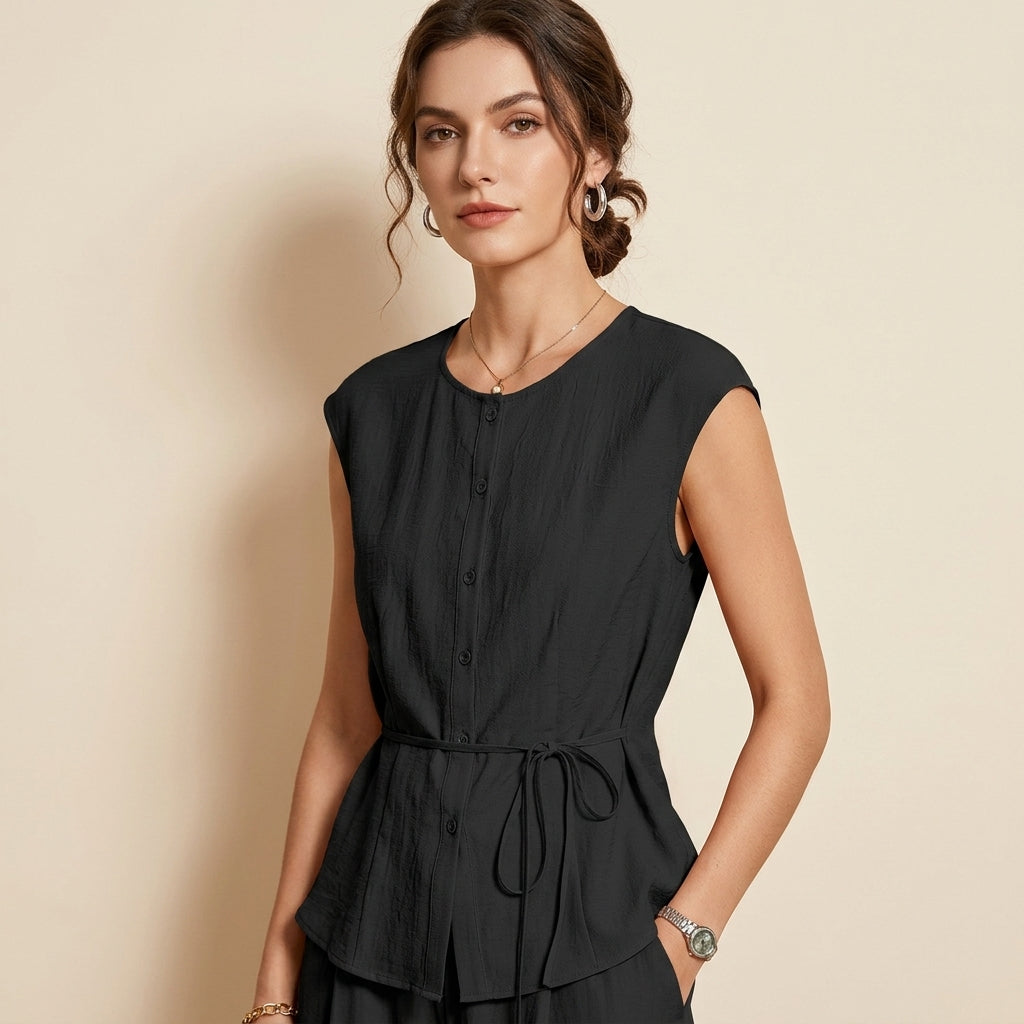 Linen Tie Top in Sky Blue / Ivory / Black - BLACK alt