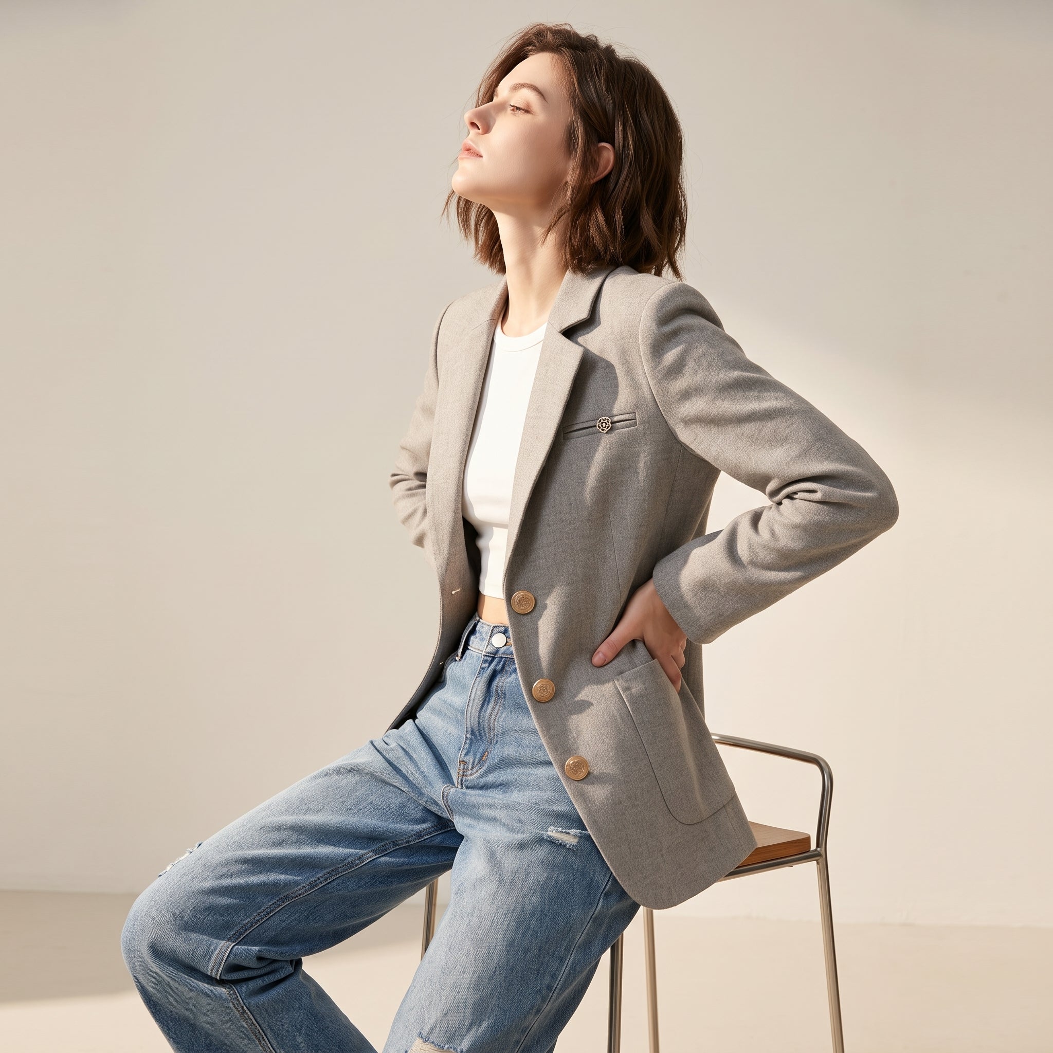 Modern Off-White Workwear Blazer Jacket – Gold Crest Buttons & Lapel Accent - KHAKI