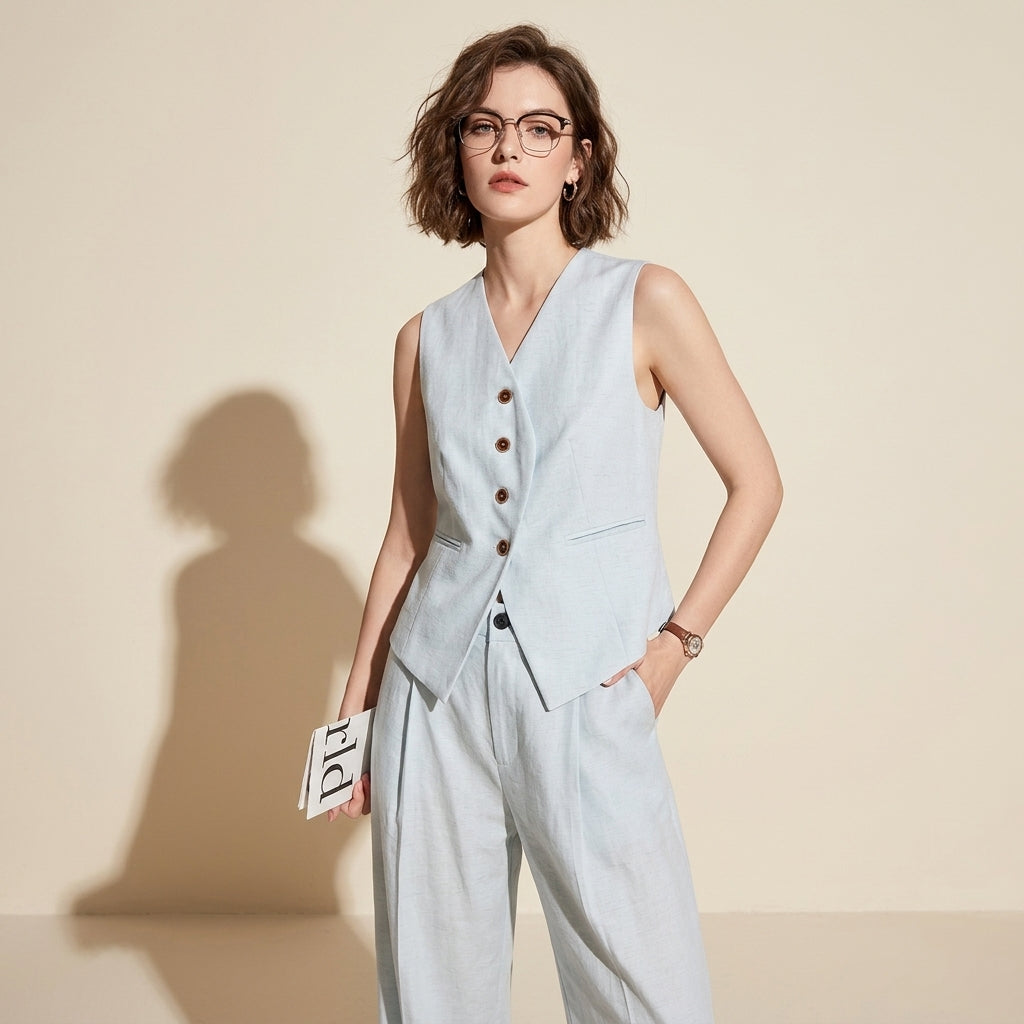 The Summer Tailored V-Neck Vest Top in Light Blue - POWDERBLUE