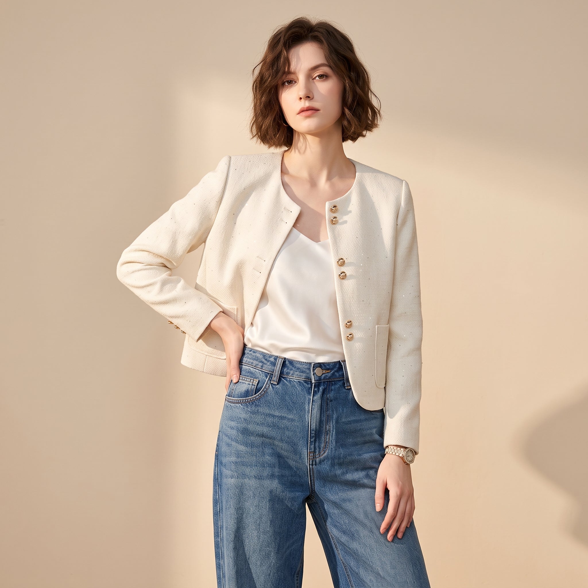 Modern Chanel Style Textured Tweed Cropped Jacket - APRICOT