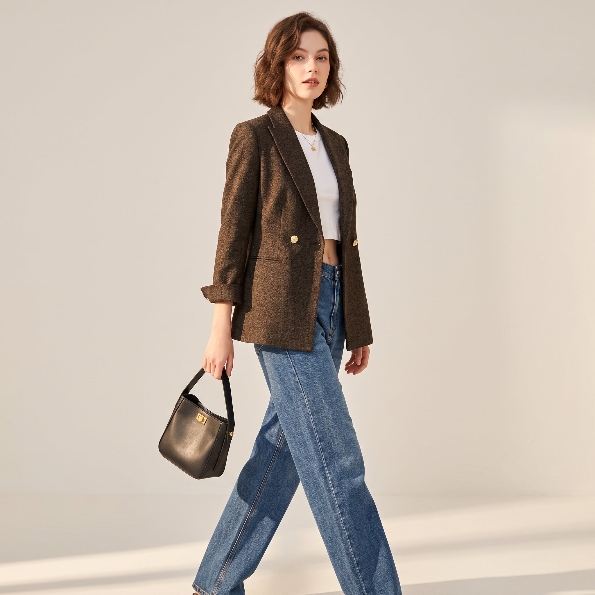 Tailored Textured Blazer Jacket with Gold Accent Button - BROWN alt