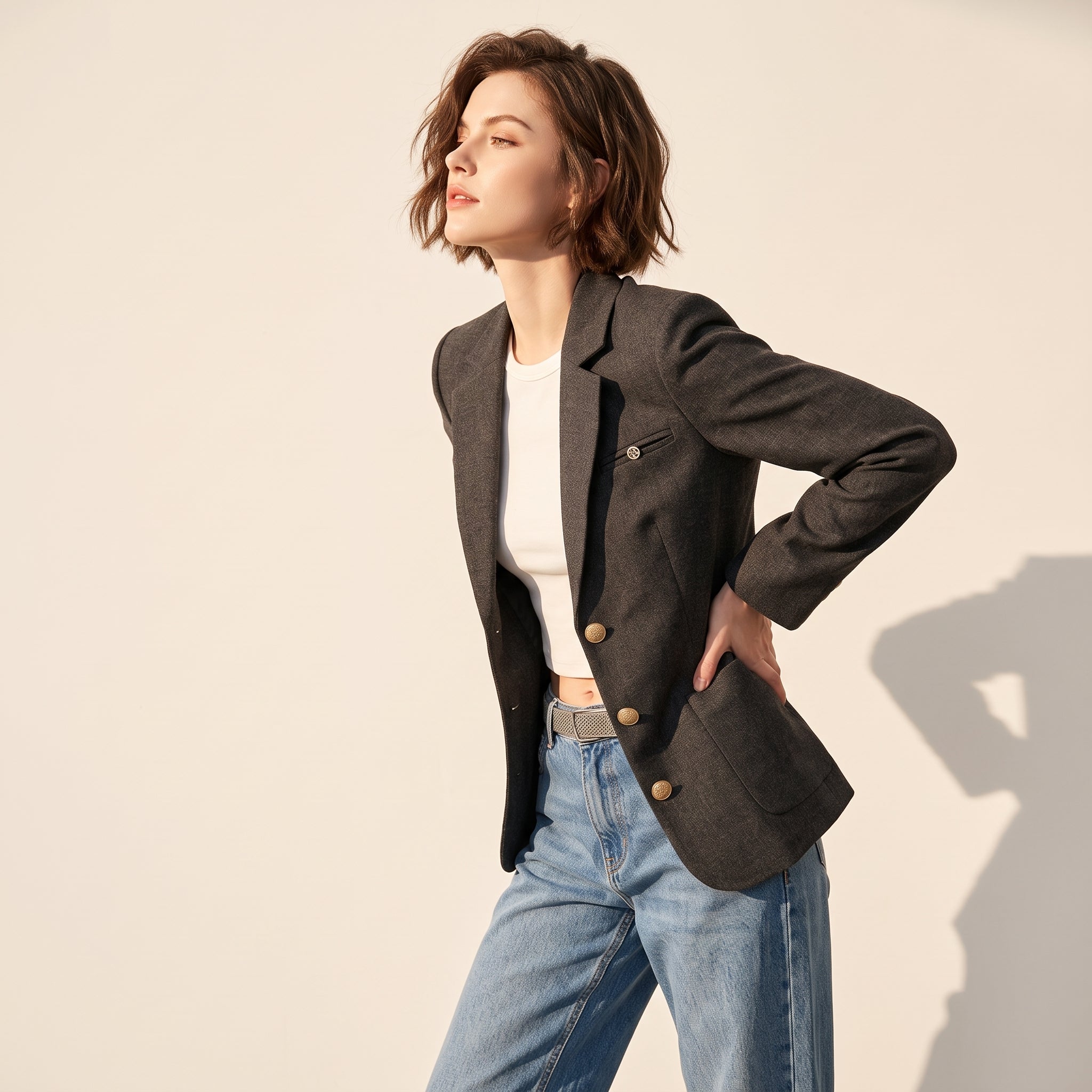 Modern Off-White Workwear Blazer Jacket – Gold Crest Buttons & Lapel Accent - BLACK alt