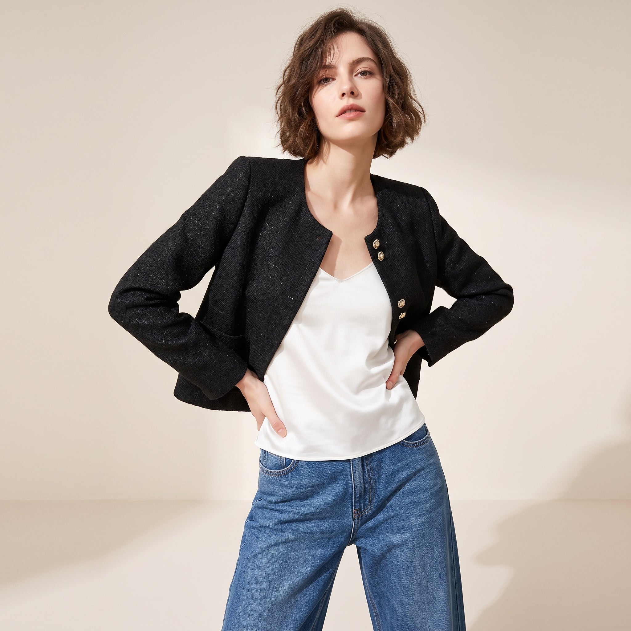 Modern Chanel Style Textured Tweed Cropped Jacket - BLACK