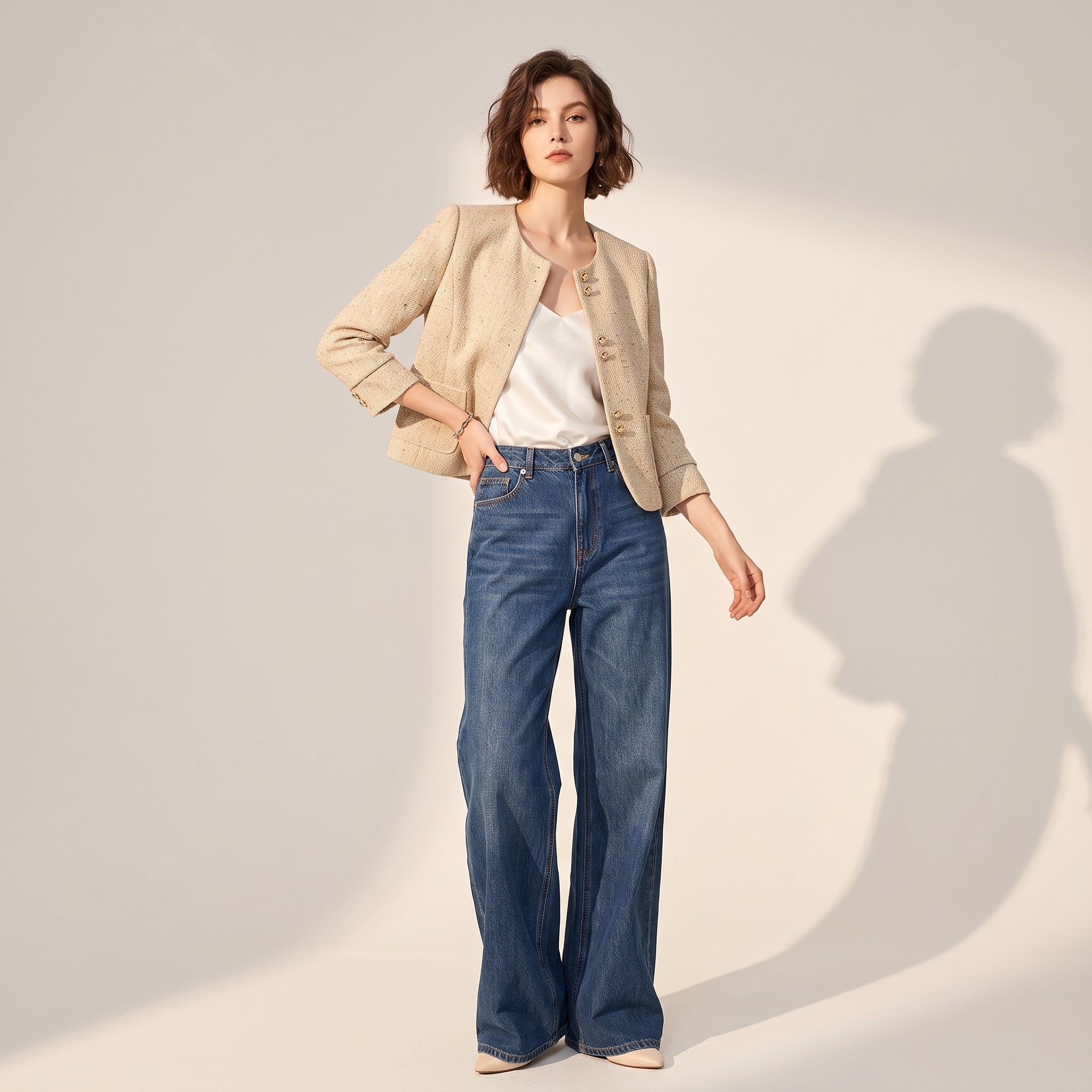 Modern Chanel Style Textured Tweed Cropped Jacket - BEIGE