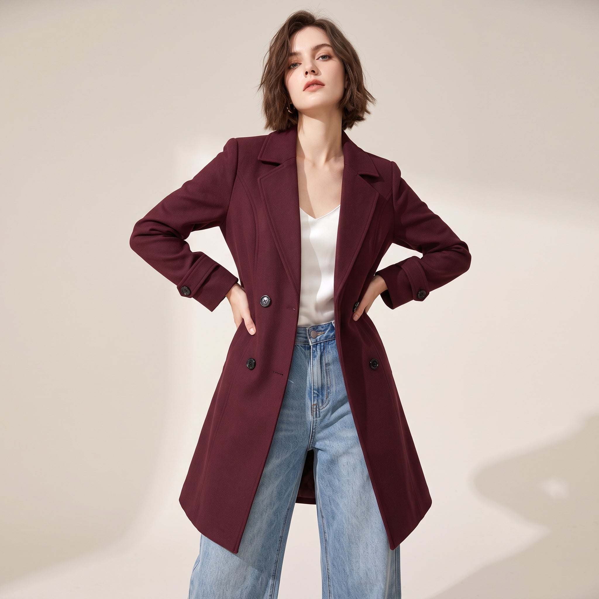 Tailored Double-Breasted Over Coat - WINERED alt