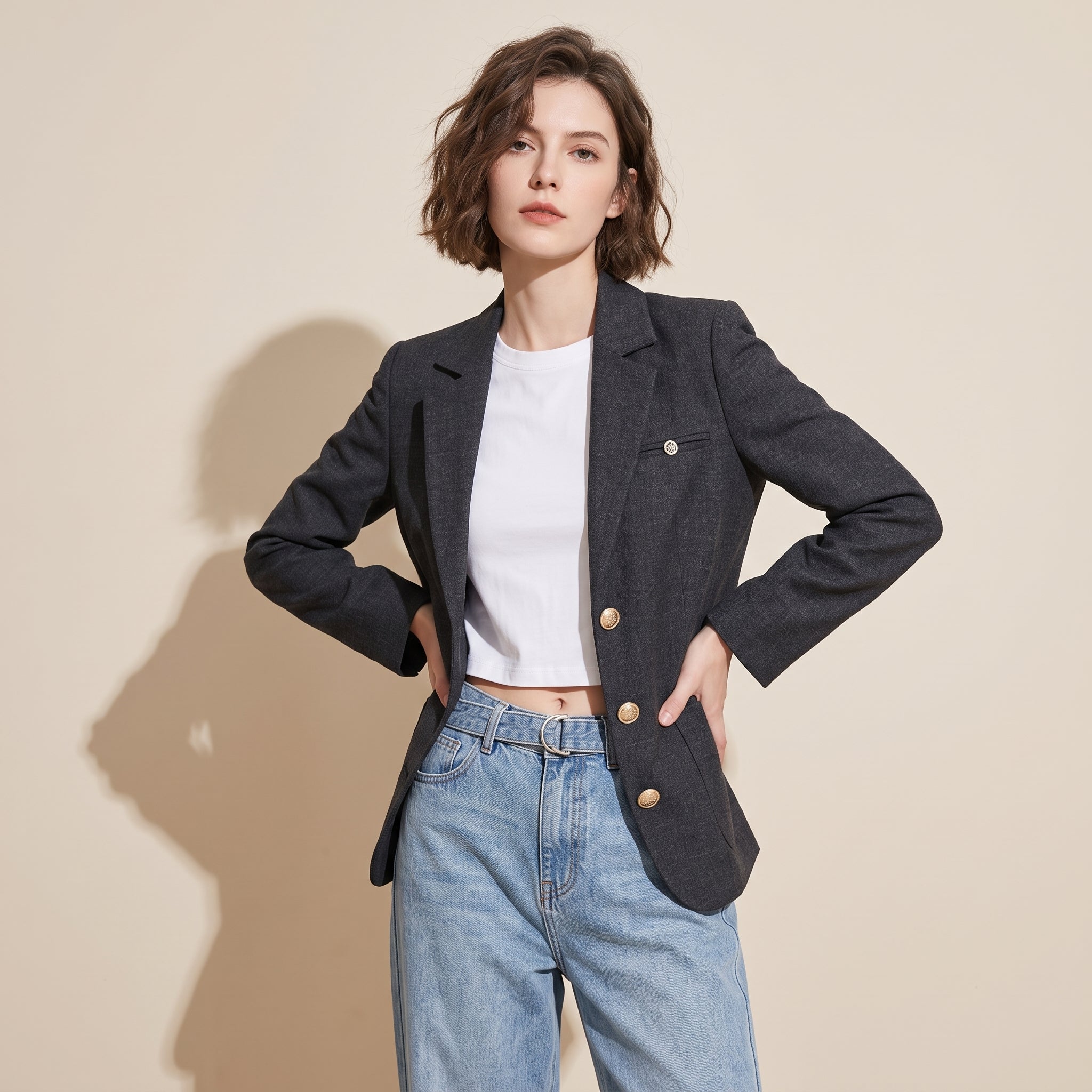 Modern Off-White Workwear Blazer Jacket – Gold Crest Buttons & Lapel Accent - BLACK
