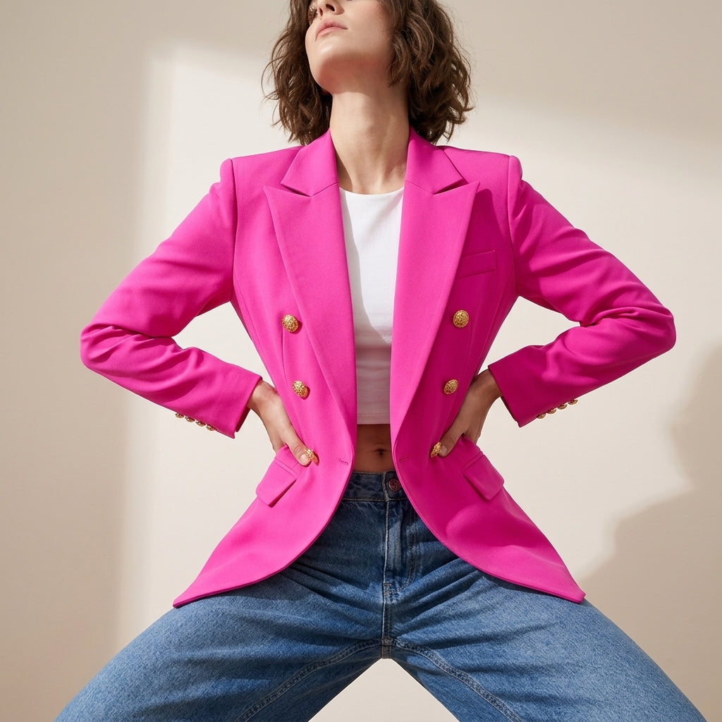 Tailored Double-Breasted Blazer Jacket with Embossed Gold Buttons - FUSCHIA