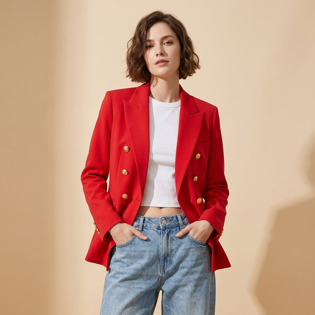 Tailored Double-Breasted Blazer Jacket with Embossed Gold Buttons - RED alt