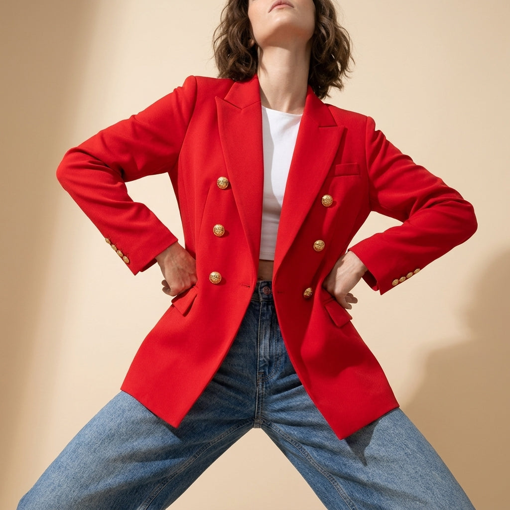 Tailored Double-Breasted Blazer Jacket with Embossed Gold Buttons - RED