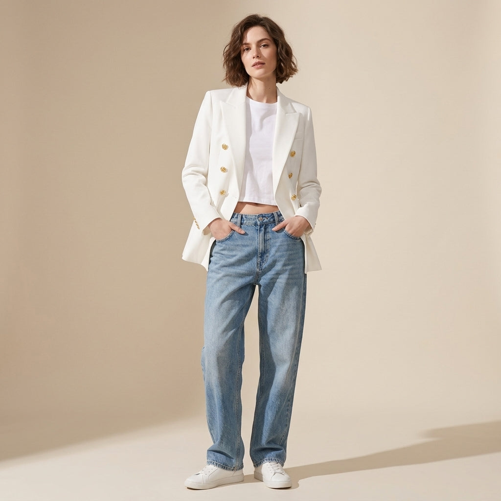 Tailored Double-Breasted Blazer Jacket with Embossed Gold Buttons - WHITE alt