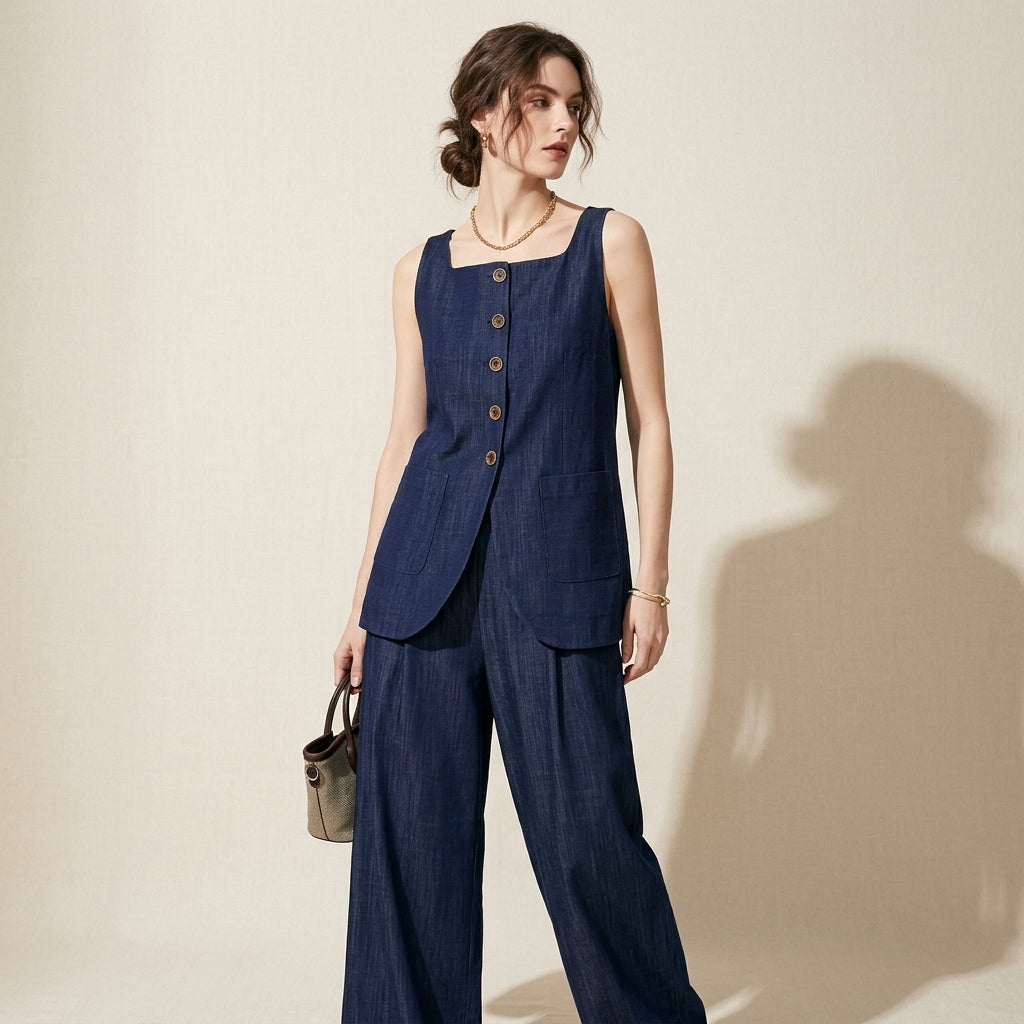 Square Line Viscose Vest in Deep Navy